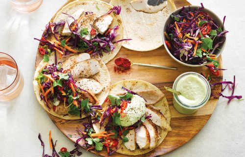 Chicken tortilla with Mexi slaw and avocado cucumber yoghurt