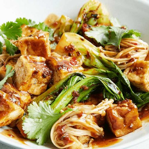 Spicy tofu with mushrooms and pak choi