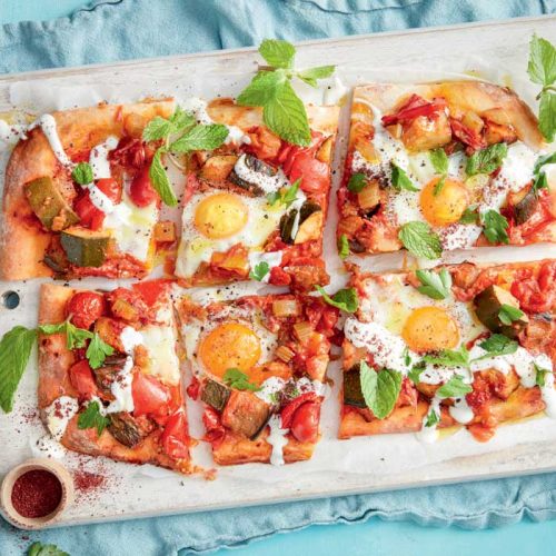 Homemade shakshuka pizza with sumac