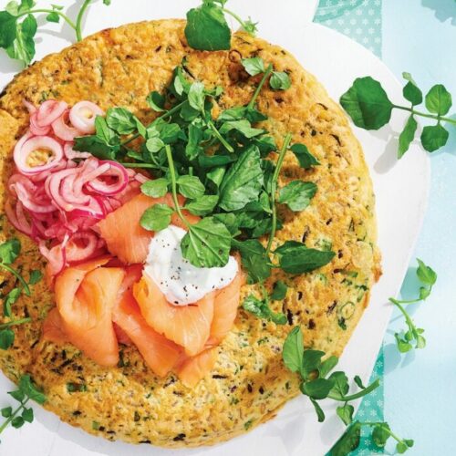 Kale fritter with smoked salmon and tzatziki
