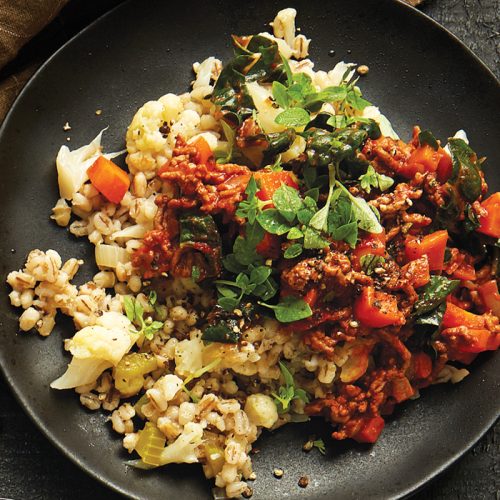 Lamb ragout with barley and cauliflower pilaf