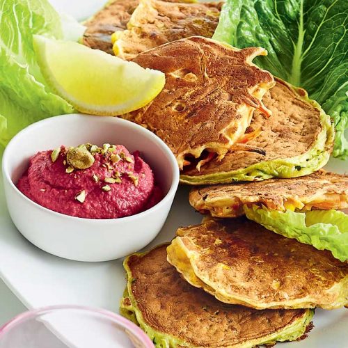 Mixed vegie fritters with beetroot and pistachio hummus