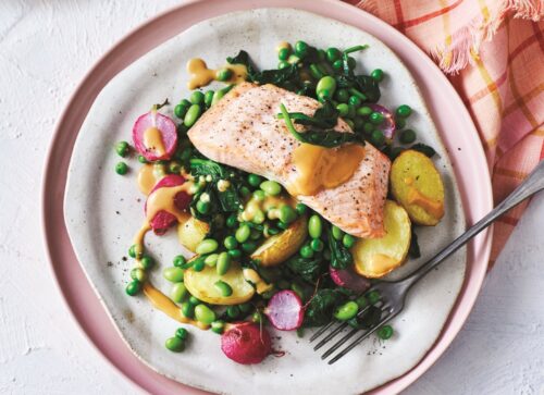Salmon, radish and potato bake with mustard miso sauce