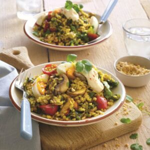 Stir-fried curried rice with soft-boiled eggs