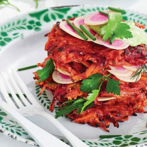 Sweet potato and beetroot rosti with jalapeno dressing