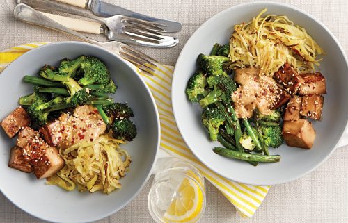 Teriyaki tofu bowl with sweet potato ‘noodles’ and nutty sauce