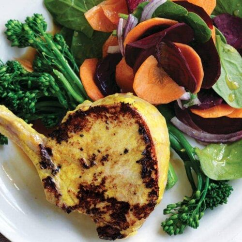 Turmeric pork with beetroot and carrot salad