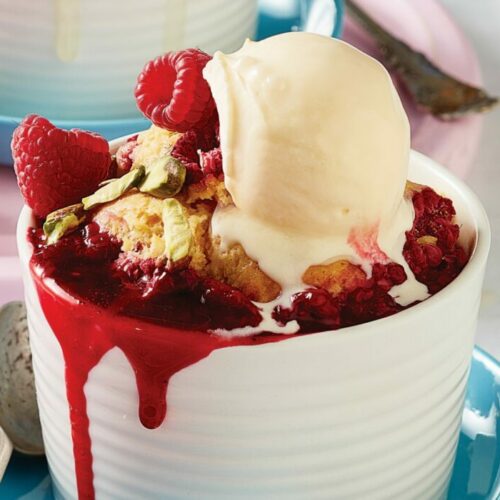 Vanilla and raspberry self-saucing puddings